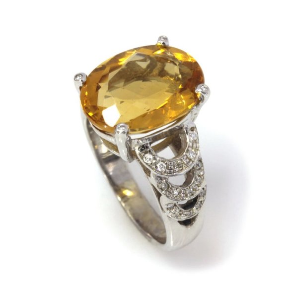 7.2 ctw Natural Yellow Citrine & Diamond Cocktail Ring 14K White Gold - Picture 3 of 7